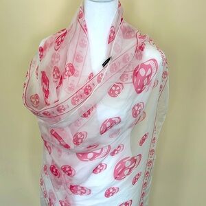 Alexander McQueen Skull Scarf Ivory & Pink Silk Chiffon White & Hot Pink 38 x 48